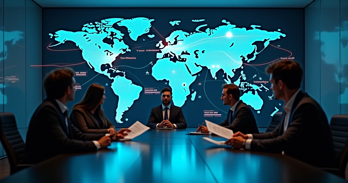 Team of analysts in a war room with glowing 3D world map and financial trend lines 