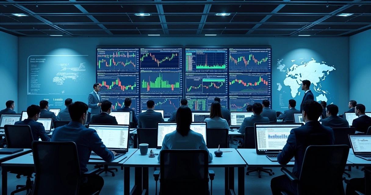 Equipe de traders analisando múltiplos gráficos financeiros em monitores em mesa proprietária moderna 