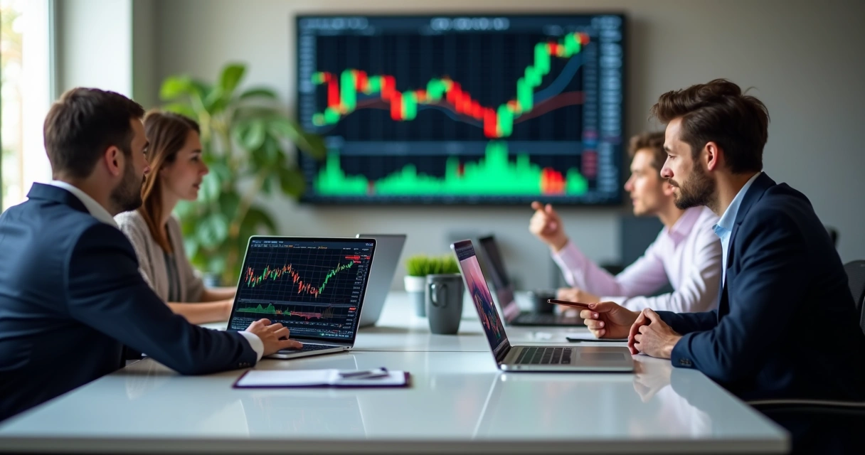 Traders group meeting discussing strategies and charts