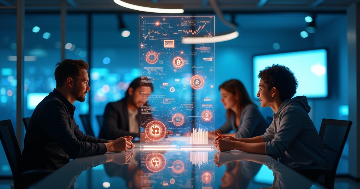 Grupo de traders discutindo estratégias de criptomoedas em uma mesa digital 