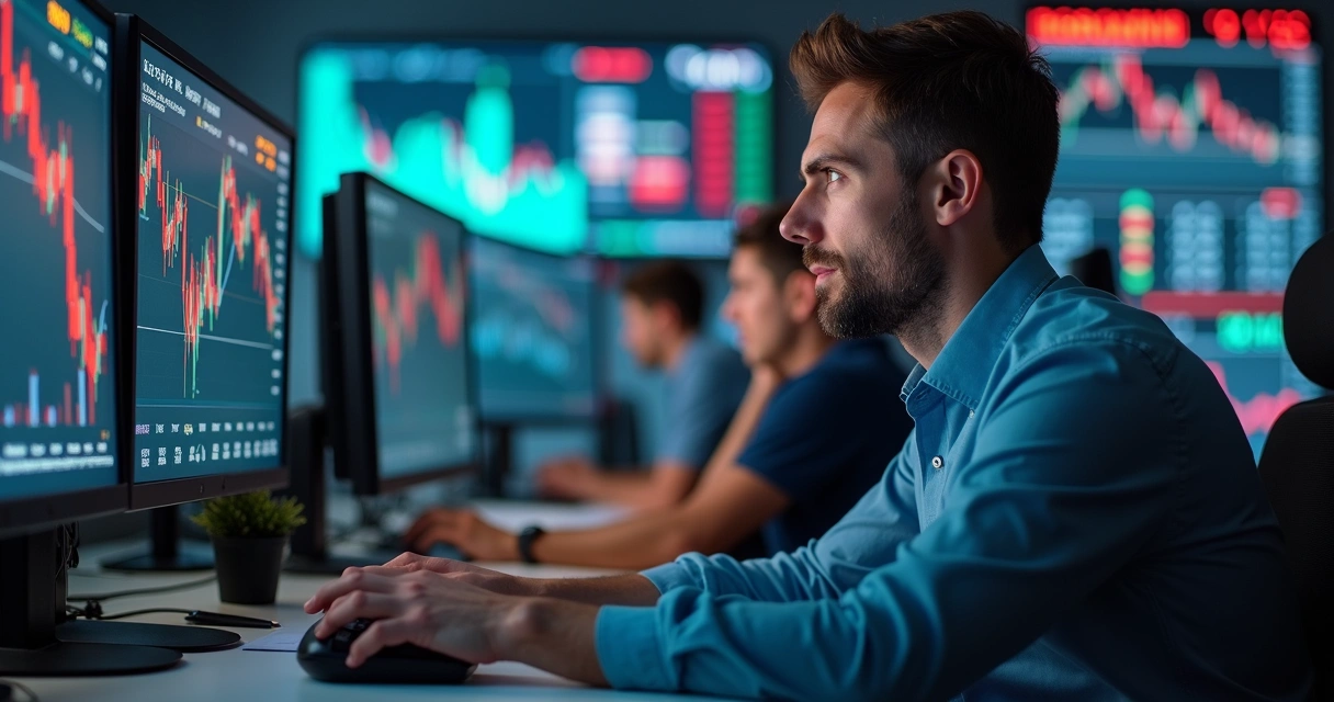 Traders atentos a múltiplos monitores com gráficos de moedas em escritório moderno 