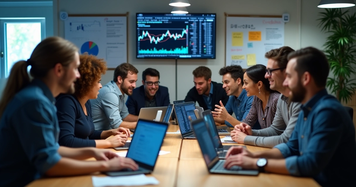 Grupo de traders em volta de computadores discutindo estratégias 