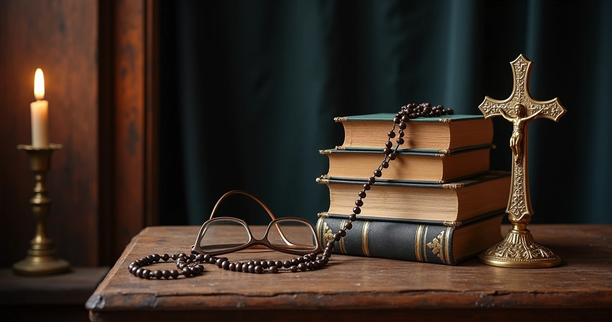 Livros antigos e objetos religiosos sobre mesa de madeira 