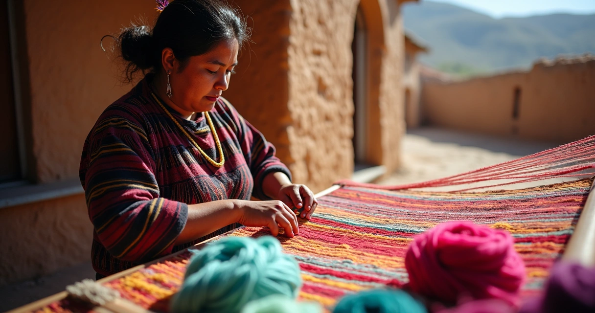 Pessoa indígena peruana tecendo em tear manual tradicional 