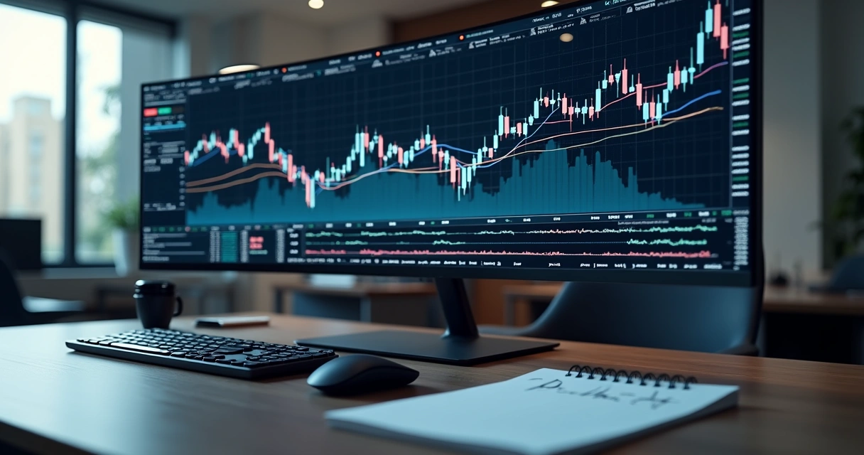 Tela de computador exibindo gráficos de trading algorítmico com linhas de gradiente linear e indicadores financeiros detalhados 
