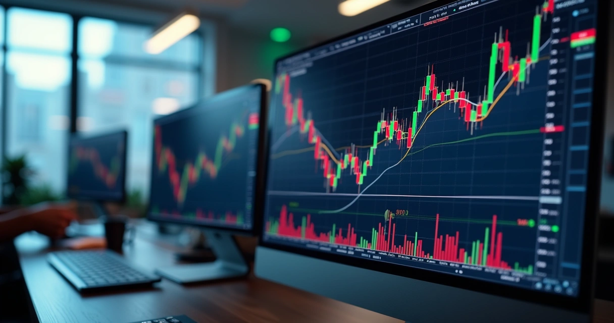 Tela de computador exibindo gráficos financeiros complexos com indicadores de trading algorítmico em bolsa de valores 