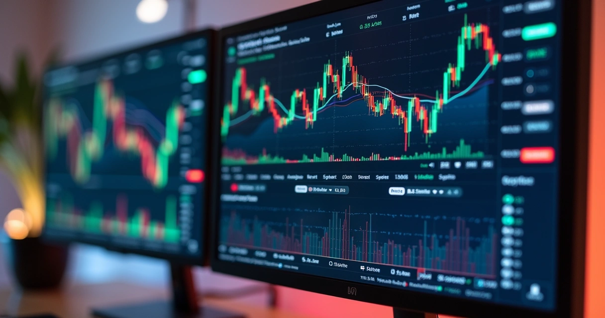 Tela de computador mostrando gráficos de altcoins e moedas digitais com interfaces de trading automatizado 