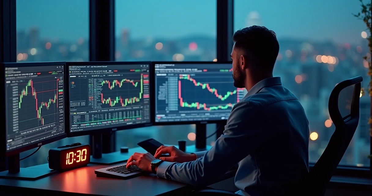 Trader with automated trading dashboard and algorithm on screen