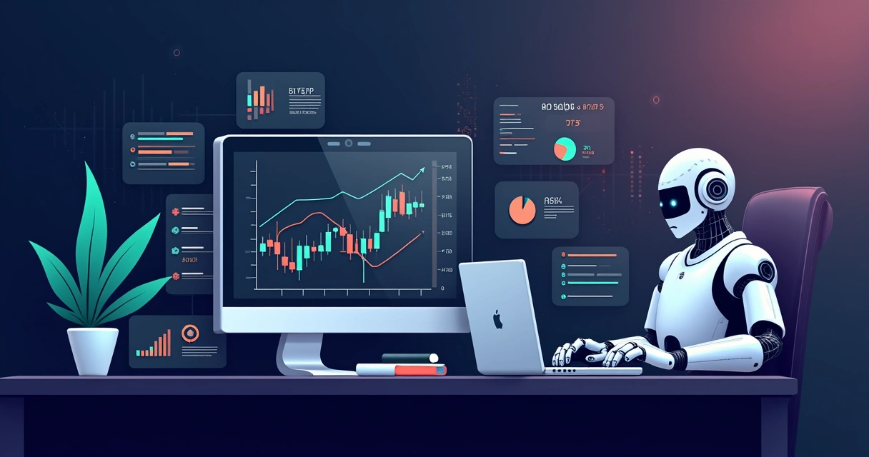 Painel com robôs de trading monitorando gráficos e gestão de risco em criptomoedas 