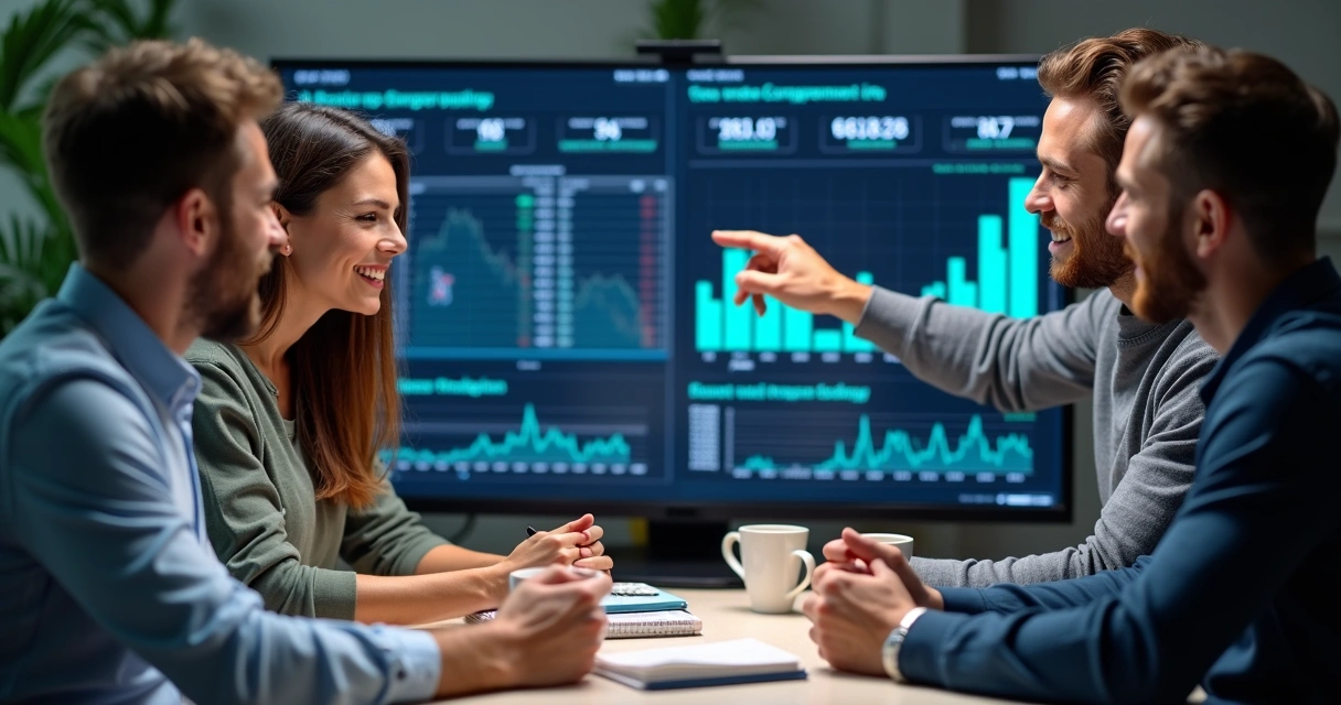 Group of traders reviewing results together 
