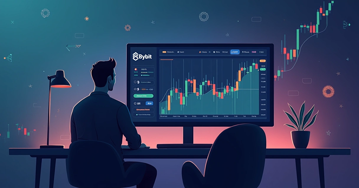 Ilustração de trading automatizado com gráficos e logo Bybit em estilo corporativo 