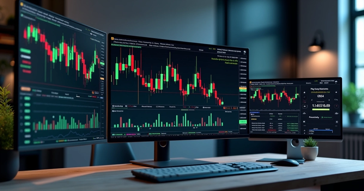 Tela de computador com interface de trading mostrando ordens OCO integradas a bots de criptomoedas em várias exchanges 