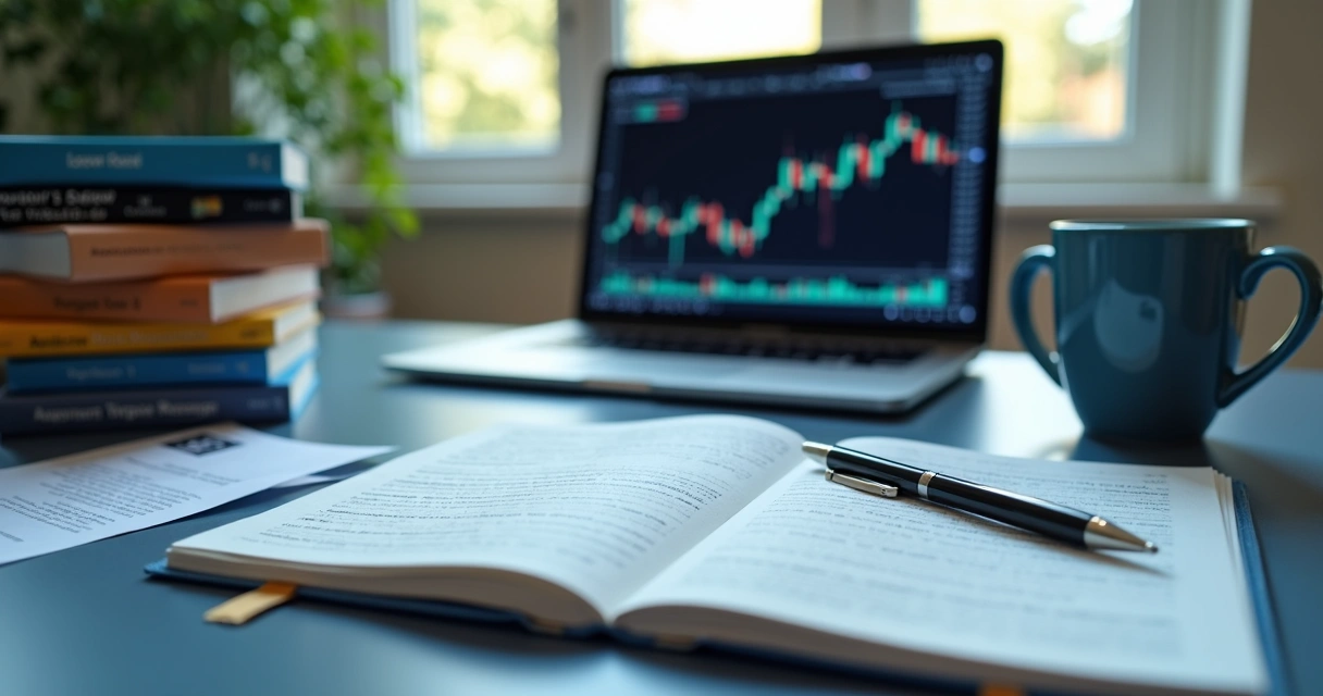 Trading desk with charts and learning materials 