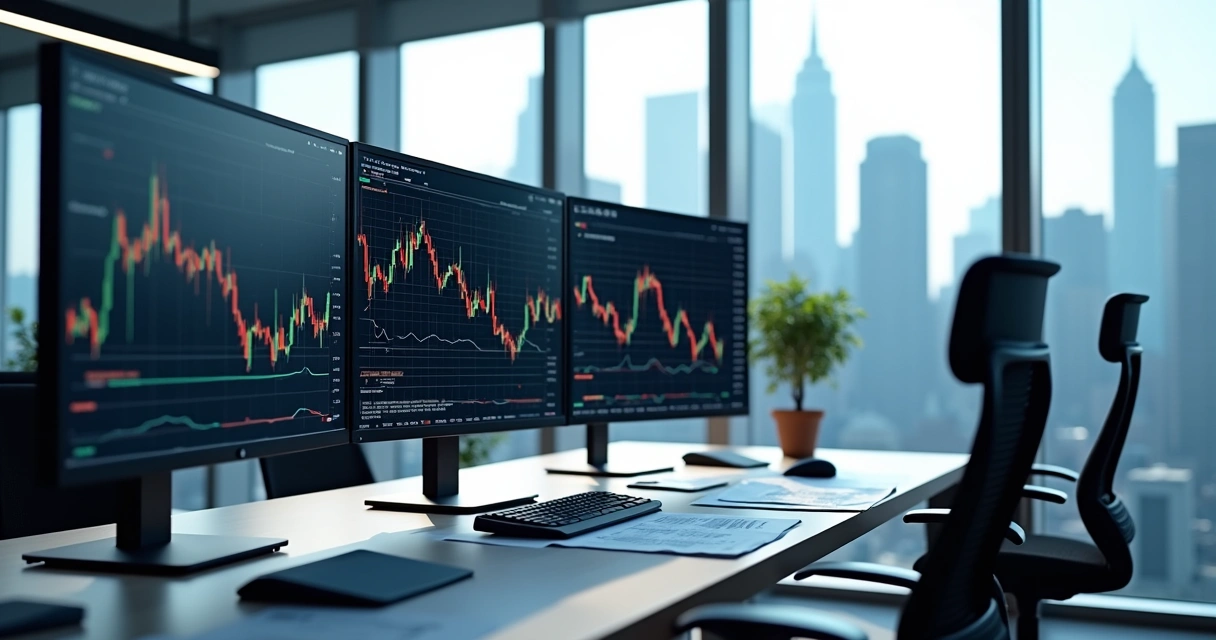 Mesa de trading com múltiplos monitores exibindo gráficos financeiros de taxas de juros e indicadores econômicos 