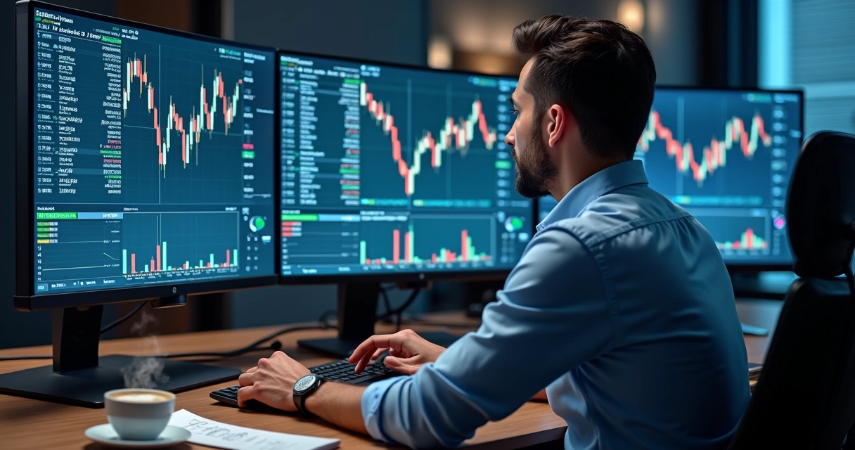 Modern trading desk with multiple monitors showing charts 