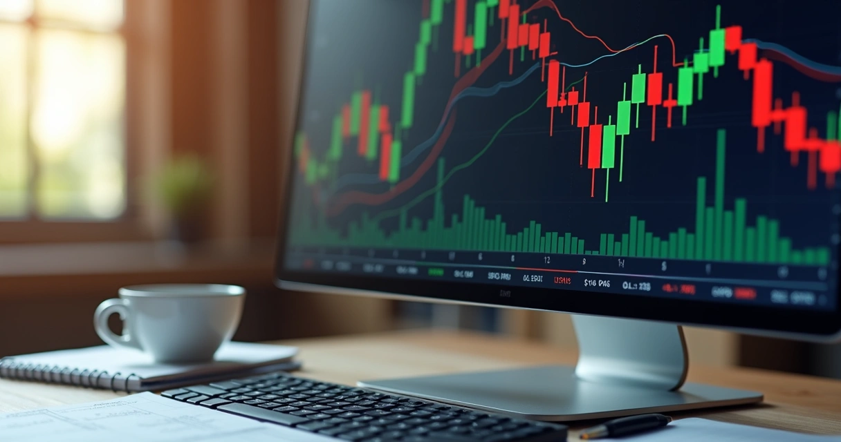 Trading equity curve on desktop monitor with red and green candles, a cup of coffee nearby 