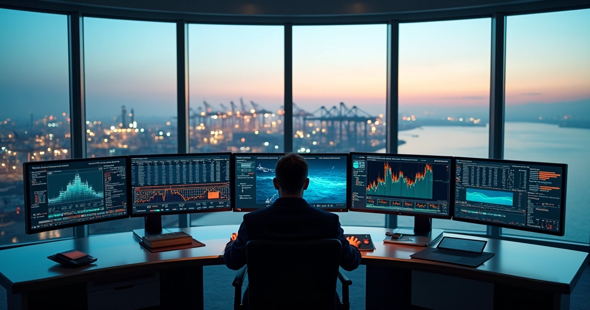 Risk manager at multi-screen command desk monitoring global commodity markets 