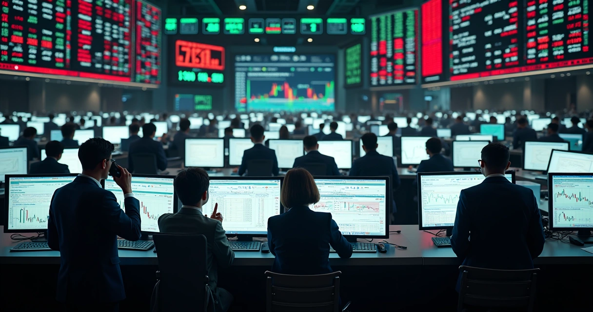 Traders on floor watching market data screens