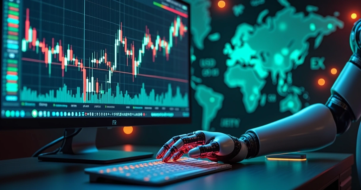 Tela de computador exibindo gráficos financeiros de Forex com robô de investimento em ação ao lado 