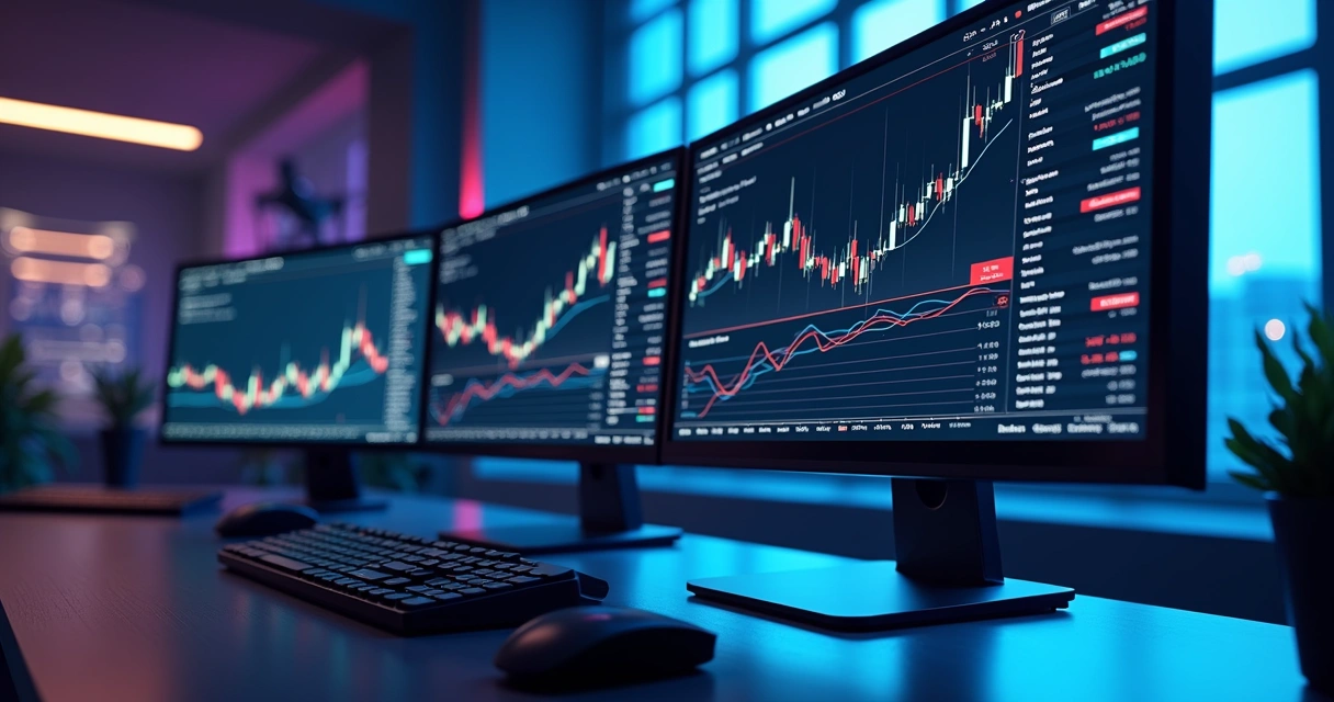 Tela de computador exibindo gráficos de trade em futuros de criptomoedas com cotações e indicadores 