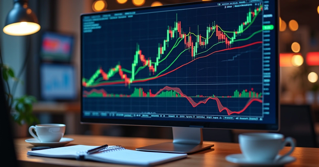 Trading monitor displaying swing trading indicators and price chart 