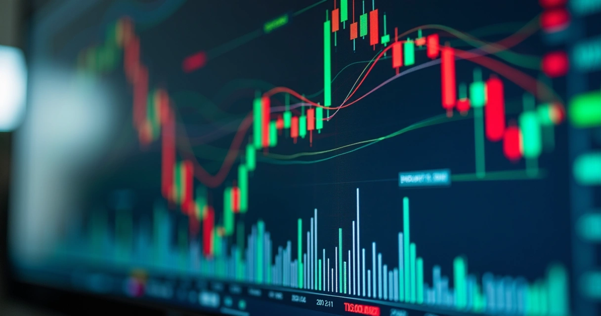 Monitor showing technical indicators, moving averages, MACD, RSI on trading charts 