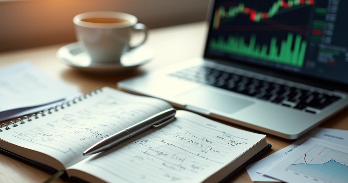 Trading journal, pen, and laptop on desk