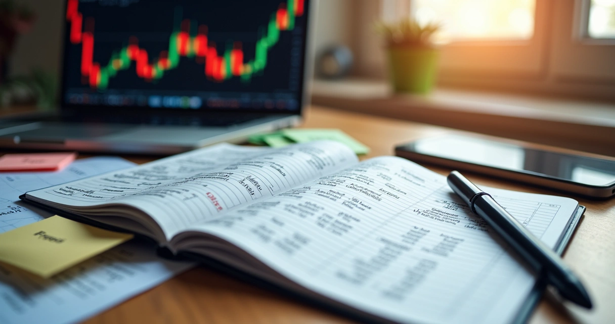 Open notebook with handwritten trade notes, pen nearby, multiple financial charts and a laptop on a desk 