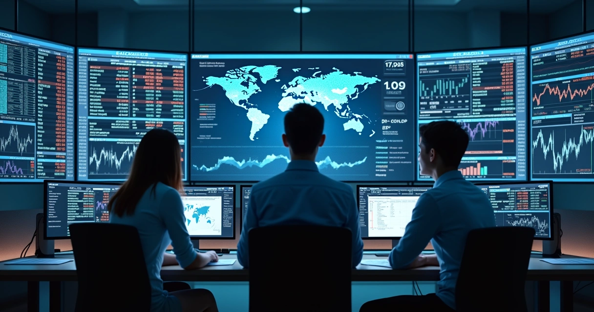 Trading risk dashboard on computer monitors showing charts and commodity prices 