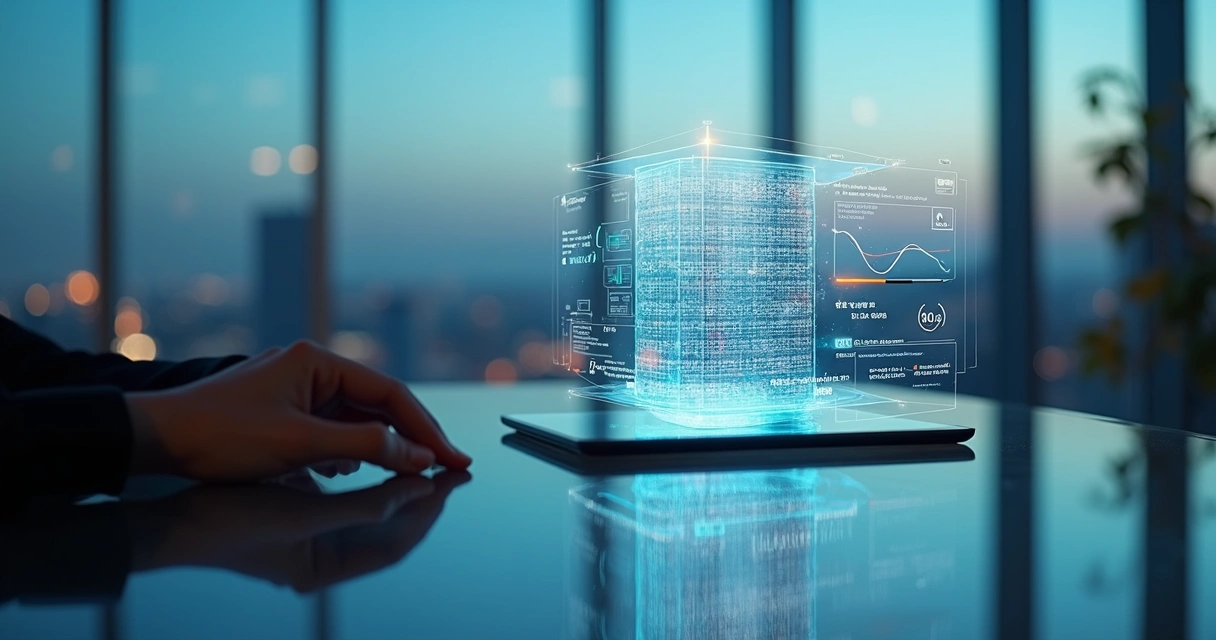 Futuristic pricing engine hologram emerging from tablet on glass table 