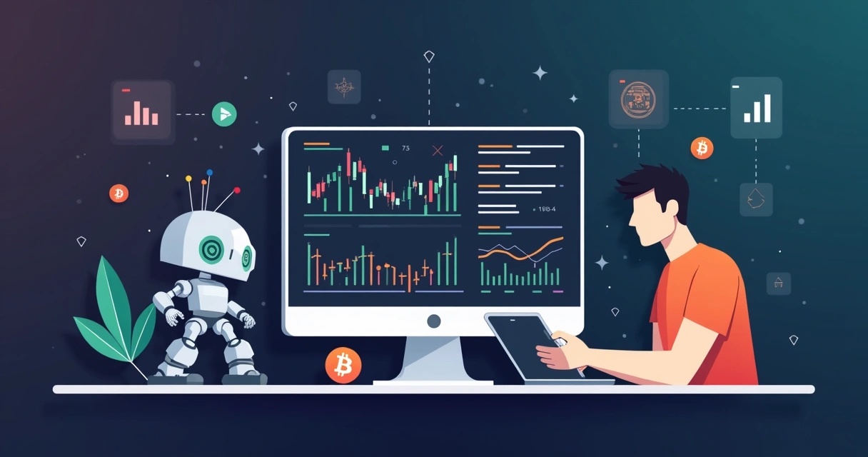 Painel com gráficos de criptomoedas e algoritmo automatizado de trading quantitativo 