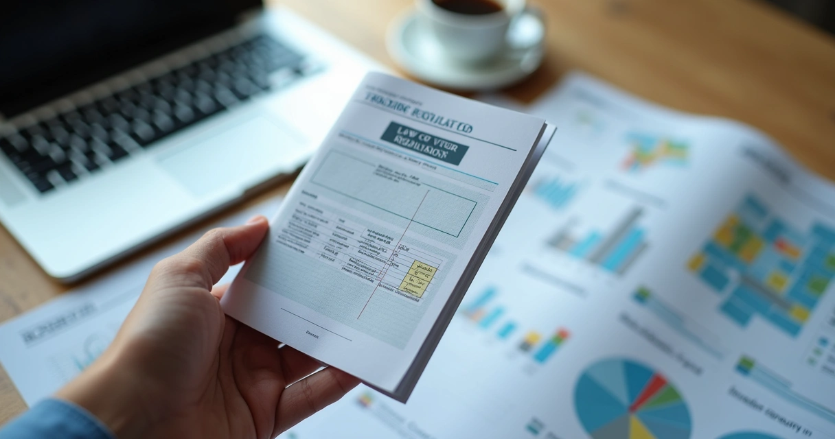 Hand holding a guidebook labeled trading regulations 