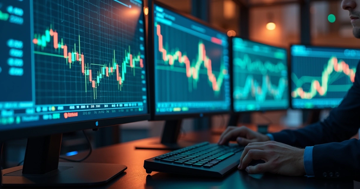Multiple financial market charts on large screens
