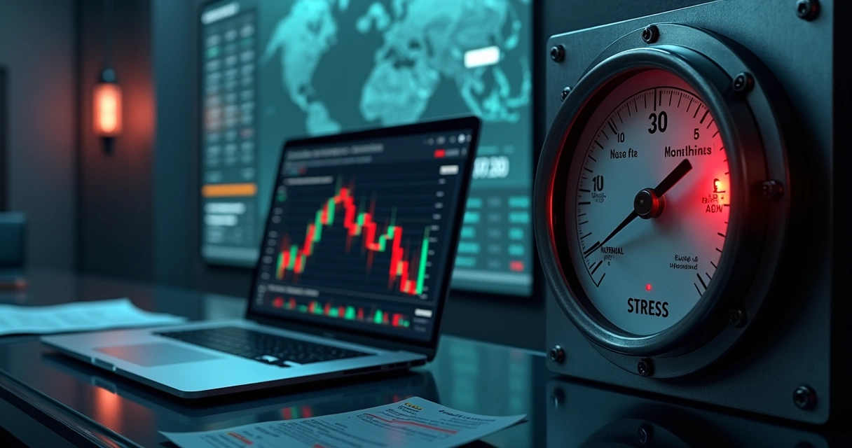 Close-up of market charts beside a red risk pressure gauge 