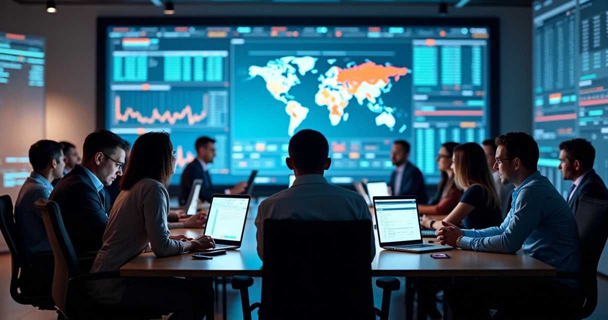 Trading and risk management team collaborating with digital data