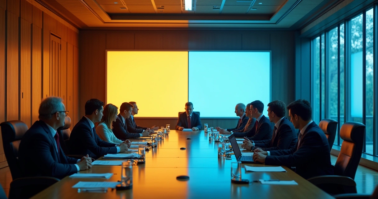 Old-fashioned meeting room divided by a digital wall, past and future in contrast 