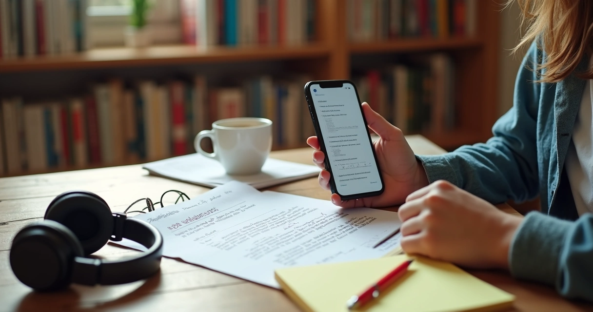 Tradução automática ou tradução profissional: Pessoa usando aplicativo de tradução automática no celular, papel com tradução profissional ao lado 