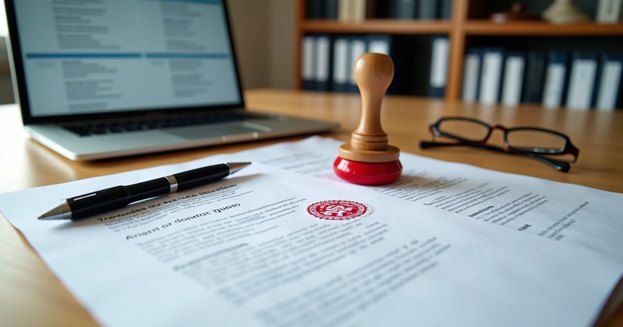 Mesa de escritório com documentos oficiais sendo revisados ao lado de carimbo e notebook 