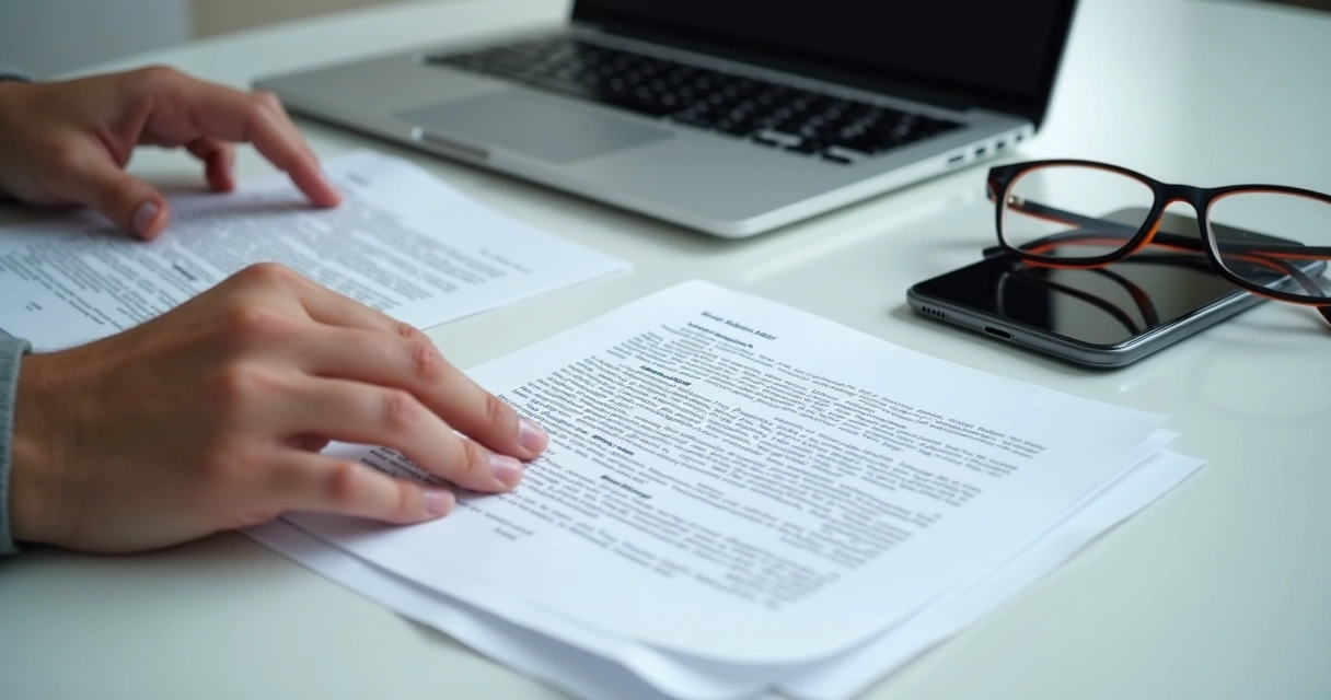 Pessoa conferindo documentos traduzidos e originais lado a lado 