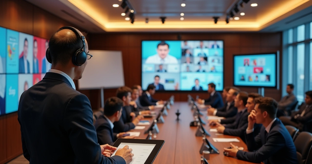 Intérprete com fones realizando tradução simultânea 