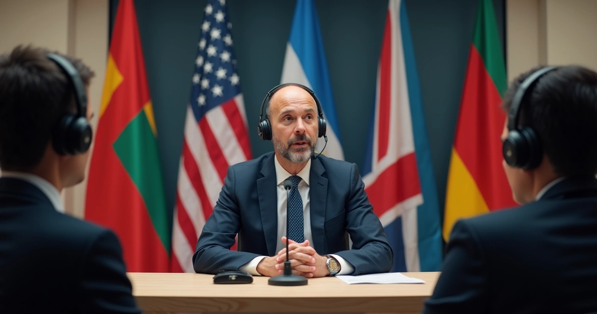 Cabine de intérprete com tradutor simultâneo em evento internacional 