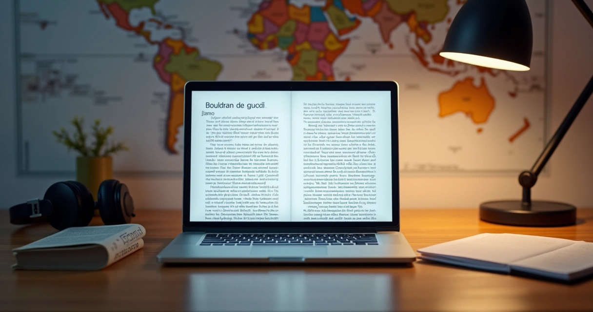Notebook com textos em dois idiomas lado a lado