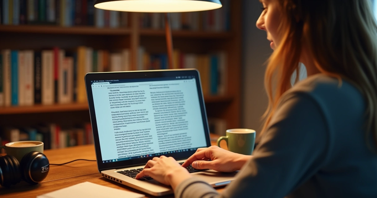 Mulher digitando texto em dois idiomas no computador 