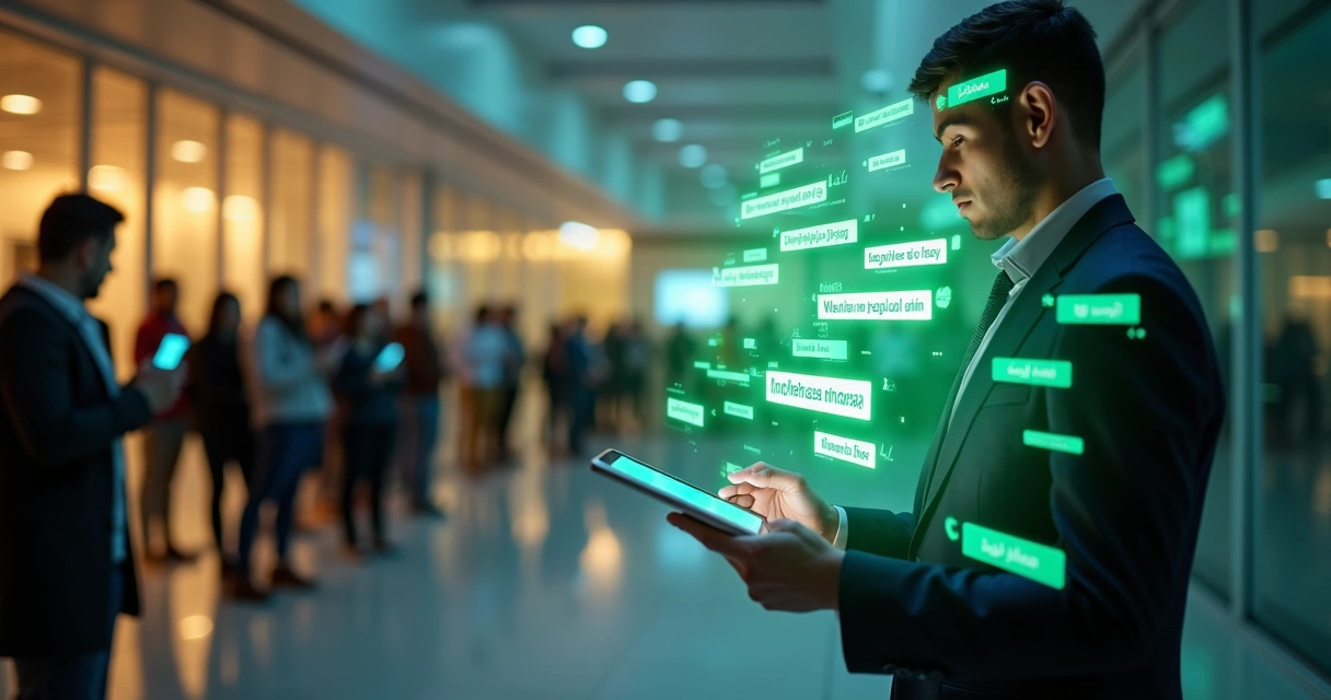 Servidor público usando tablet com mensagens do WhatsApp sendo traduzidas em tempo real 