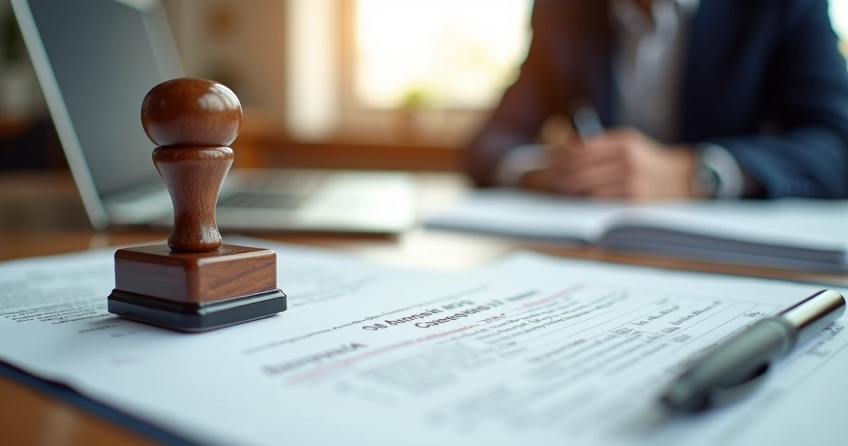 Mesa de trabalho com documentos, carimbo e caneta em destaque 