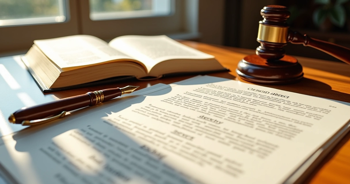 Mesa de madeira clara com documentos, carimbo, caneta tinteiro e dicionário abertos lado a lado 