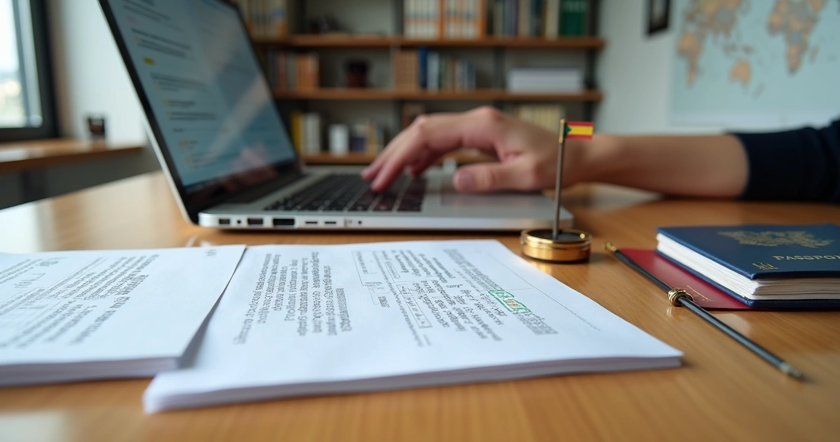 Mesa com documentos sendo traduzidos para espanhol por tradutor juramentado 