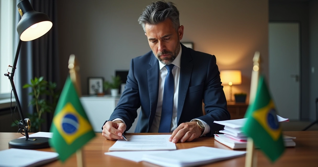 Tradutor juramentado italiano revisando documento traduzido em escritório moderno com bandeira da Itália 