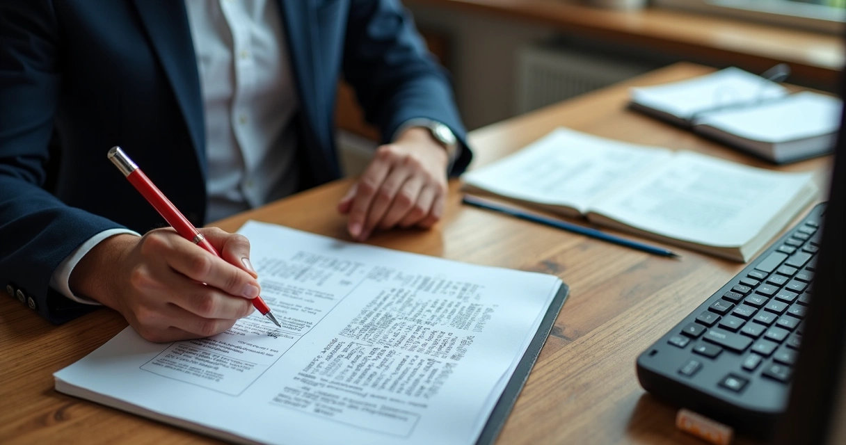 Tradutor revisando documentos oficiais em mesa de trabalho 