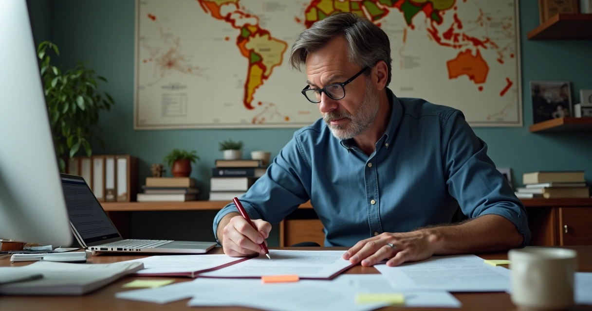 Tradução automática ou tradução profissional: Tradutor profissional revisando documentos em mesa de escritório 